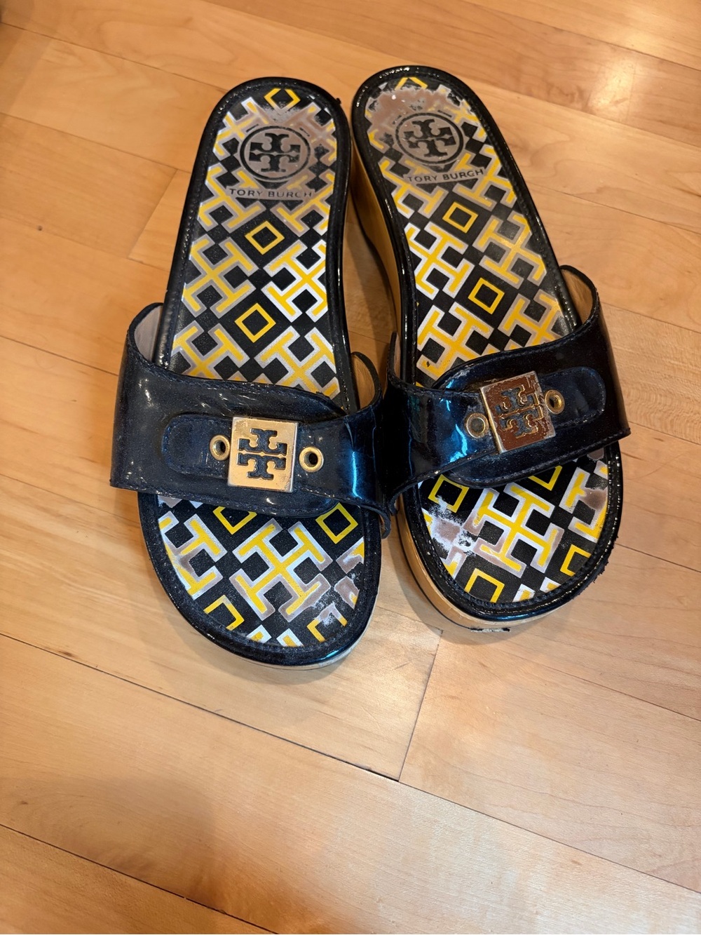 Tory Burch Black Patent Logo Slide Sandals with Yellow Accent Insole